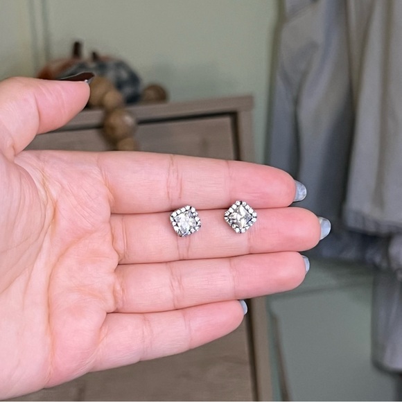 Princess Cut CZ Diamond Square Halo Studs Dainty Small Earrings Jewelry Accessor - Picture 5 of 16